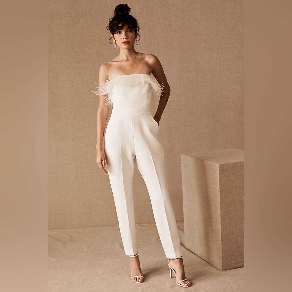 Anthropologie x BHLDN Saylor Janae Strapless Feather Jumpsuit. Size 12. White.